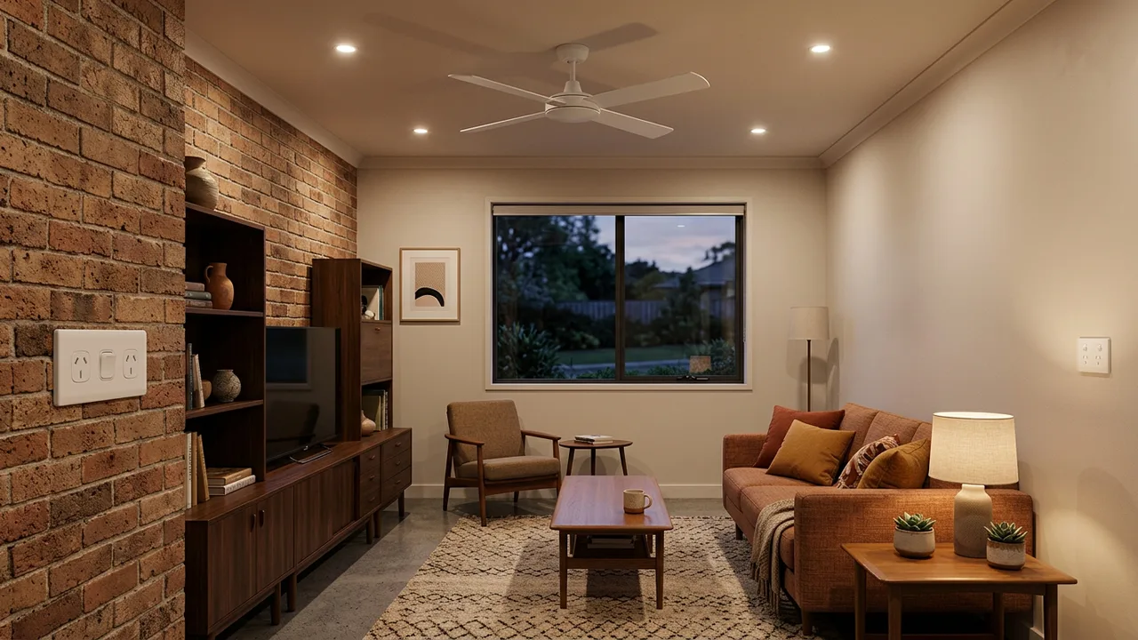 Illustrative finished room with even lighting and a stationary ceiling fan